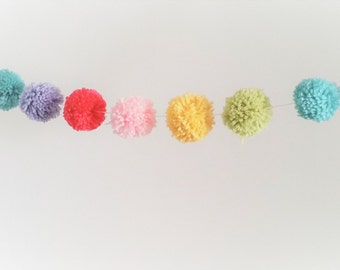 Pastel Rainbow Yarn Pom Pom Garland  | Unicorn Party | Pompoms | Unicorn Birthday Decor | Baby Nursery Decor | Tee Pee Buntings | Garland