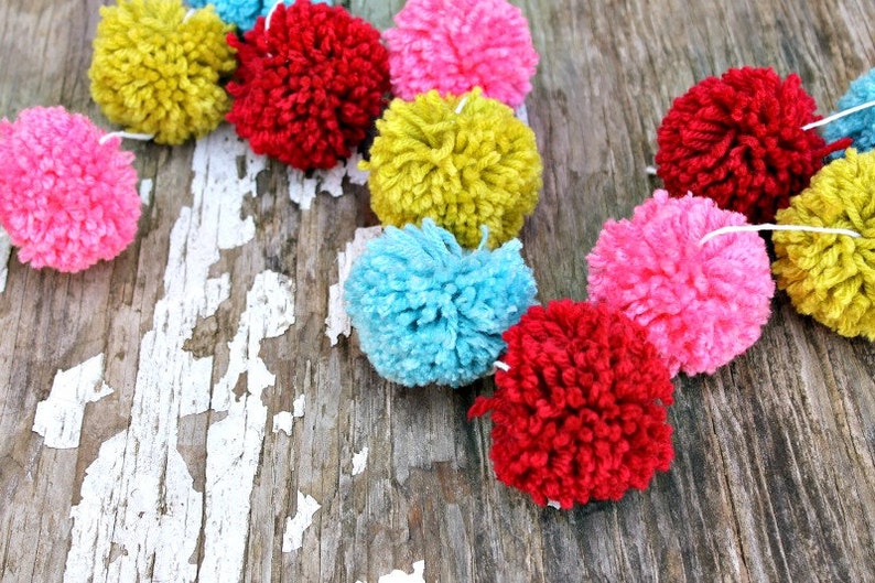 Red, Turquoise, Pink, Bright Green Yarn Pom Pom Christmas Garland, Christmas Tree Garland, Christmas Decor, Holiday Decor, Mantle Decor image 1