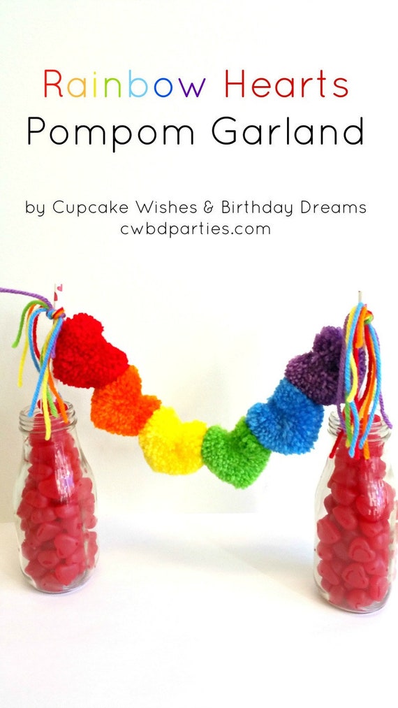 Rainbow Heart Yarn PomPom Garland, Valentine's Day Decor, Wedding, St. Patrick's Day, Party Decor, Banner, Buntings, Photo Prop, Love, Heart Il_570xn