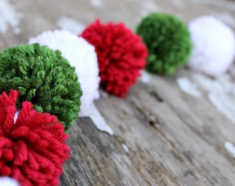 Christmas Garland, Red, White, Green Yarn Pom Pom, Christmas Tree Garland, PomPoms, Holiday Decor, Christmas Buntings, Photo Prop,