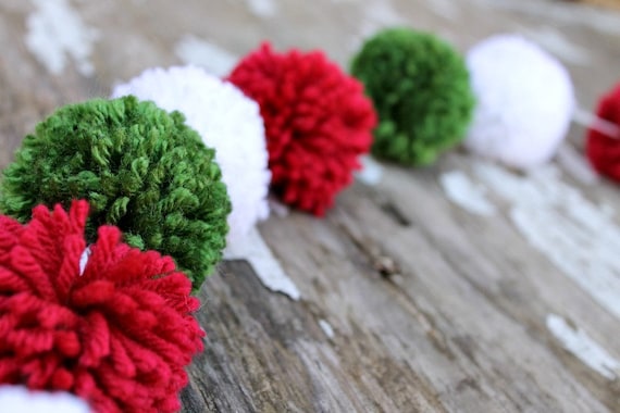 Christmas Garland, Red, White, Green Yarn Pom Pom, Christmas Tree Garland, PomPoms, Holiday Decor, Christmas Buntings, Photo Prop, Il_570xn
