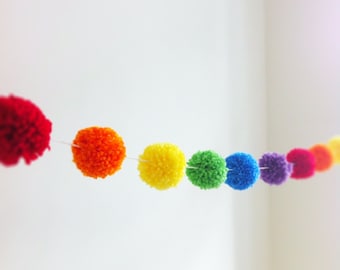 Rainbow Yarn Pom Pom Garland | Colorful Party Decor, Photo Props