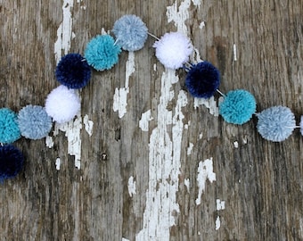 Christmas Garland, Christmas Tree Garlands, Holiday Decor, Christmas Decor, Hanukkah, Blue and White Yarn Pom Pom,Buntings, Photo Props