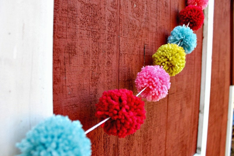 Red, Turquoise, Pink, Bright Green Yarn Pom Pom Christmas Garland, Christmas Tree Garland, Christmas Decor, Holiday Decor, Mantle Decor image 4