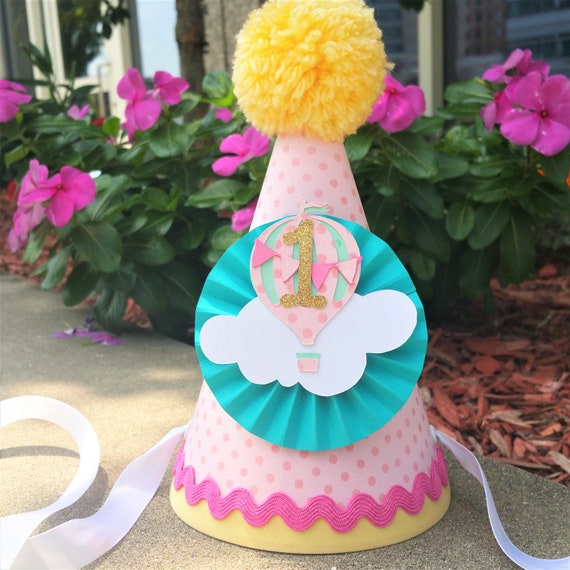 Hot Air Balloon Party Hat, Pink, Yellow, Aqua, Mint Green, Gold Glitter, First Birthday Photo Prop, Birthday Party Hats, Girl 1st Birthday Il_570xn