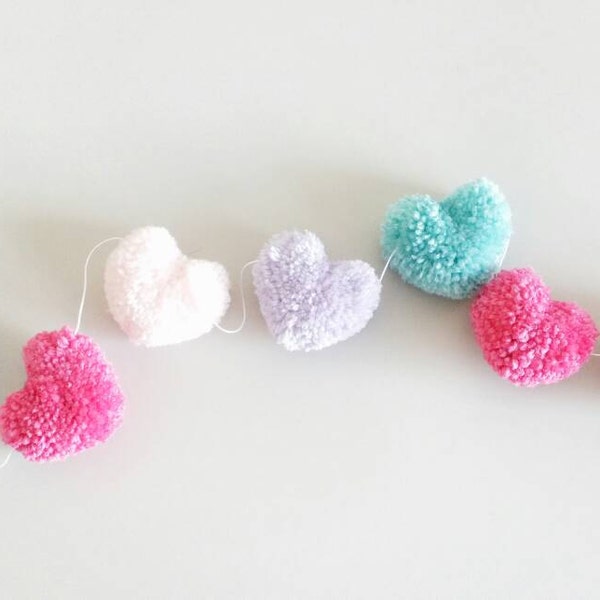 Heart Shaped Yarn Pom Pom Garland, Pink, Hot Pink, Lavender, Aqua, Heart Pompom, Heart Bunting, Photo Prop, Valentine's Day Garland