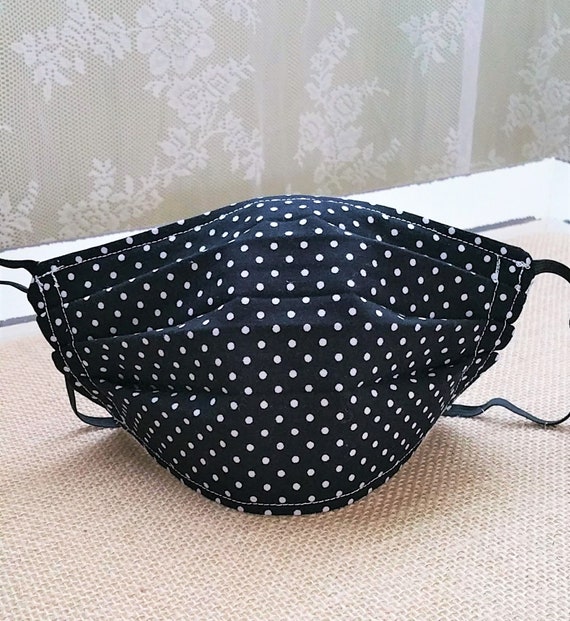 Navy Blue Polka Dot Pleated Mask, Fabric Face Mask, Face Mask With Filter, Reversible Face Mask, Cloth face mask, Three Layer Mask, Mask Il_570xn