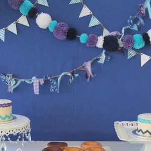 Navy, Purple, Aqua, White Yarn PomPom Garland, PomPom Party Banner, Wedding Bunting, Party Garland, Photo Props, PomPom Decor, Backdrop image 1