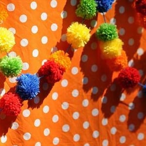 Pom Pom Garland Yarn Pompom Bright and Cheery Banner Rainbow Bunting Red Orange Yellow Lime Blue Carnival Party Circus image 1