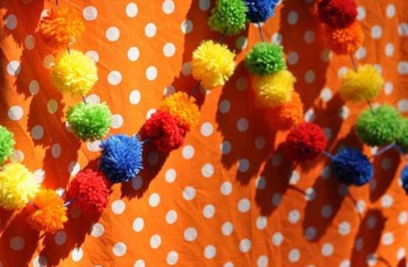 Pom Pom Garland Yarn Pompom Bright and Cheery Banner Rainbow Bunting Red Orange Yellow Lime Blue Carnival Party Circus image 1