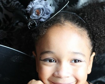 Black Grey Shabby Rose, Victorian Style Halloween Costume Mini Top Hat, Black Velvet Mini Top Hat Fascinator, Twilight Fairy Mini Top Hat