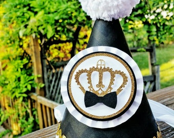 Black Tie Party Hat, Prince Party, Young King Party Hat, 1st Birthday, Black Chevron, Little Prince Birthday, Golden Crown, Boy Birthday