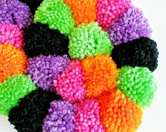 Lime Green, Pink, Black Orange Halloween Yarn Pom Pom Garland for Party Decor, Banners, Buntings, Mantle Decor and Photo Props