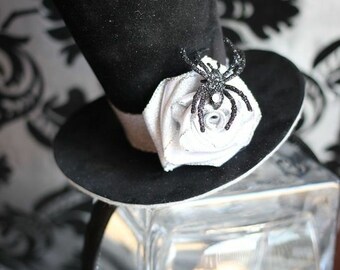 Black Velvet Spider Mini Top Hat, Halloween Costume, Mini Top Hat, Silver Grey Black Party Hat