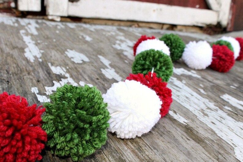 Christmas Garland, Red, White, Green Yarn Pom Pom, Christmas Tree Garland, PomPoms, Holiday Decor, Christmas Buntings, Photo Prop, image 4