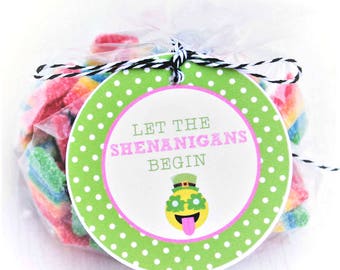 Let the Shenanigans Begin, St Patrick's Day Label Green Favor Tag, St. Patricks Day Emoji, Silly St. Patrick's Day, Sticker, Favor Tag