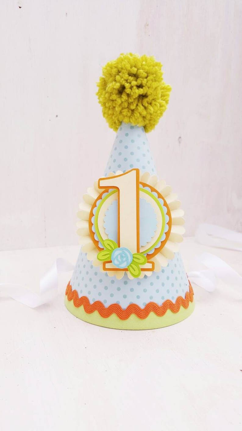 First Birthday Orange Rose Bright Green Party Hat Flowers Spring Floral Light Blue Birthday Party Yellow Garden Party