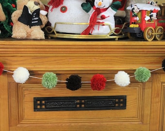 Christmas Tree Garland, Red, Cream, Green and Brown Yarn Pom Pom Christmas Garland, Holiday PomPoms, Holiday Decor, Christmas Buntings, Prop