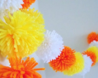 Candy Corn Yarn Pom Pom Garland | Halloween Decoration | Pompom Bunting | Pompom Garland | Candy Corn Decoration | Halloween Party Decor