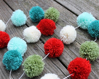 Christmas Tree Garland, Christmas Mantel Garland, Teal, Mint, Off-White, Red and Sage PomPom Decor, Christmas Buntings, Christmas Ornament