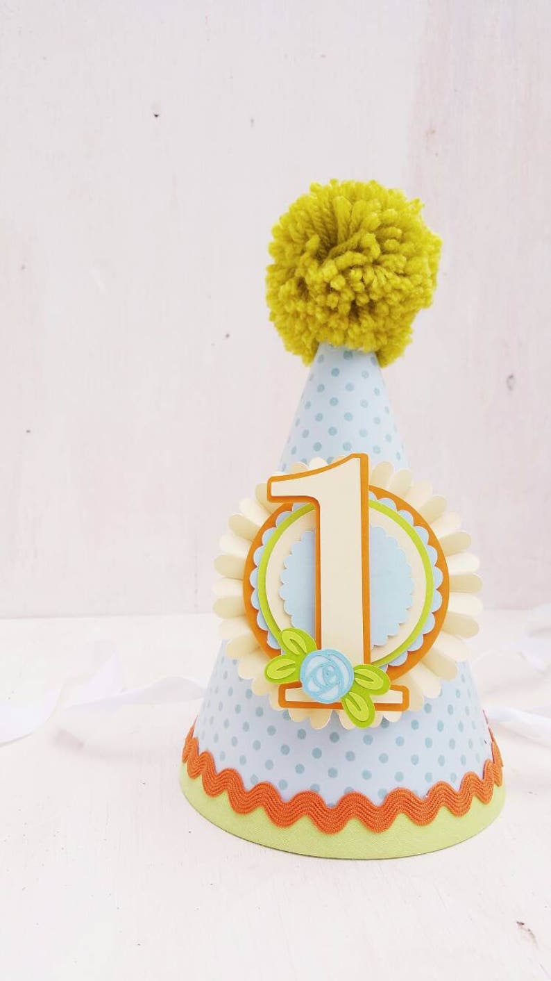 First Birthday Orange Rose Bright Green Party Hat Flowers Spring Floral Light Blue Birthday Party Yellow Garden Party