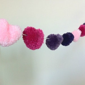 Heart Shaped Pom Pom Garland Valentine's Day Garland Party Decor Banner Heart Bunting Photo Props Purple and Pink Hearts Vday image 4