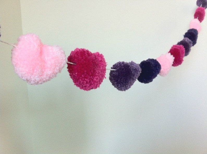 Heart Shaped Pom Pom Garland Valentine's Day Garland Party Decor Banner Heart Bunting Photo Props Purple and Pink Hearts Vday image 4