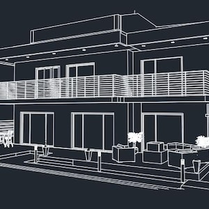 Könnte beinhalten: Architektonische Strichzeichnung eines zweistöckigen Hauses mit Flachdach, Balkonen und großen Fenstern. Das Design umfasst Sitzbereiche im Freien und ein Ess-Set, alles in weißen Linien auf dunklem Hintergrund dargestellt.