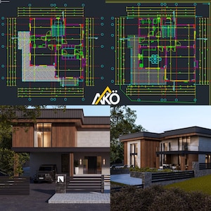 Peut inclure: Rendus architecturaux d'une maison moderne à deux étages avec un toit plat, des panneaux de bois et des accents de pierre. L'image comprend des plans d'étage détaillés et des vues extérieures de la maison.