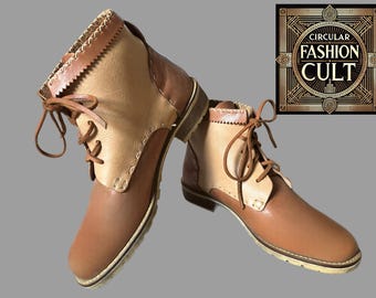 Handmade Leather Ankle Boots, Two-Tone Vintage 90s Style, UK 5 / EU 38