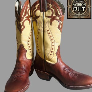 Original Vintage 2000s Boulet Cowboy Boots – Cream & Brown Leather Y2K fashion Square Toe Western Boots Luxury weatern Brand genuine cowboy