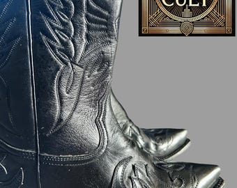 Vintage 1990s Black Leather Cowboy Boots, Genuine Leather Western Boots, Classic Black Stitch Cowboy Boots, Festival Boots, Timeless Western