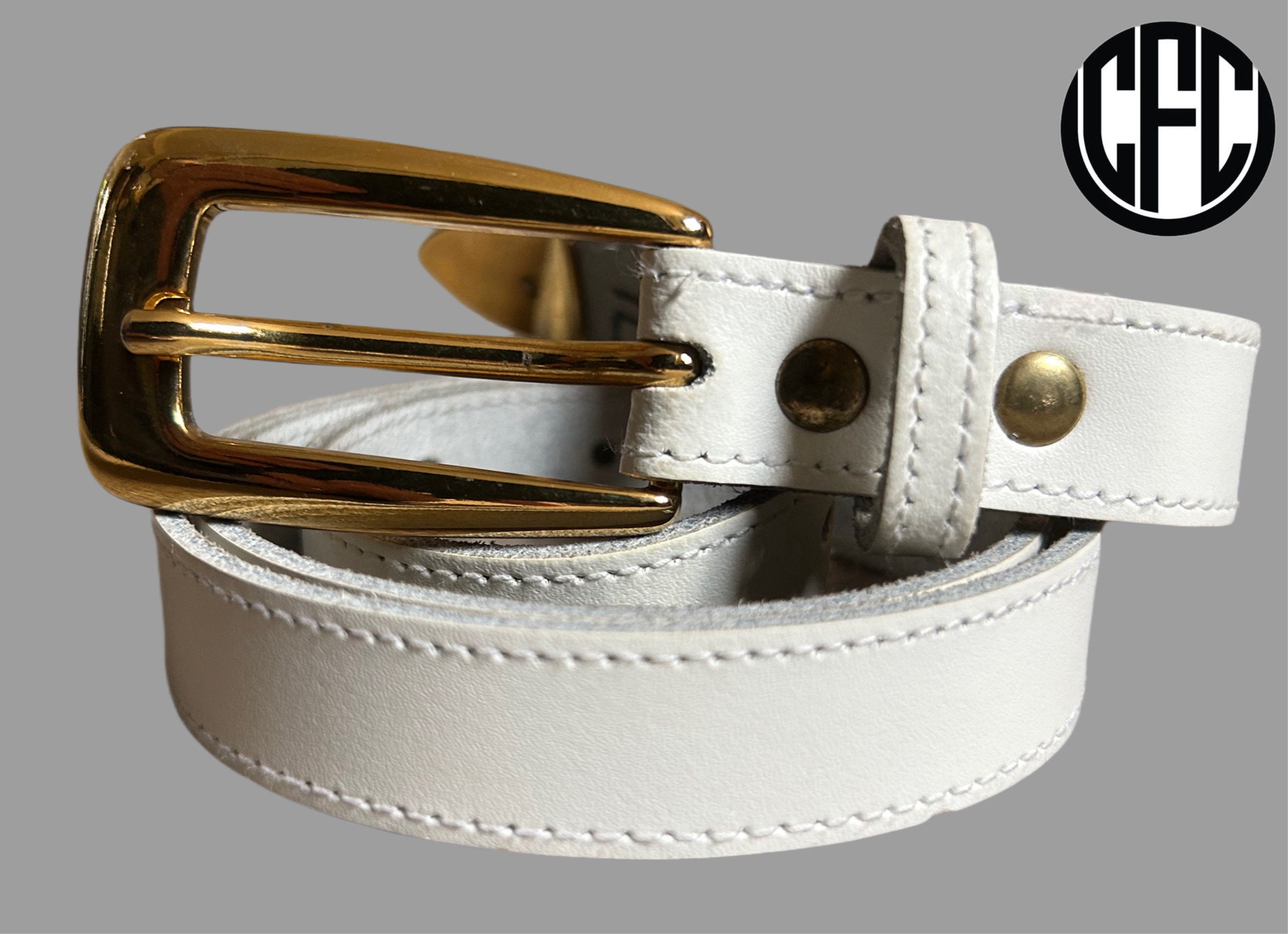 Vintage 90s White Genuine Leather Belt w/ Chunky Gold Statement Buckle Sz Small Vintage 90s White Leather Belt With Large Gold Art Deco  main image 2