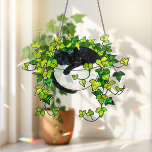 Black Cat Sleeping on Ivy Hologram Ornament | Cat ACRYLIC Window Hanging | Plant Lover Gift | Ivy Plants Decor, Cozy Cat Decor, Gift For Mom
