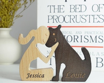 Personalized Pet Dog Wooden Statue , Human And Dog Home Desktop Wood Carving Decoration,Family Puppy Wood Dog Pet Lovers Memorial Gifts