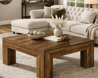 Mesa de centro cuadrada de granja de 39,4” color marrón rústico – Centro de mesa rústico moderno con base resistente