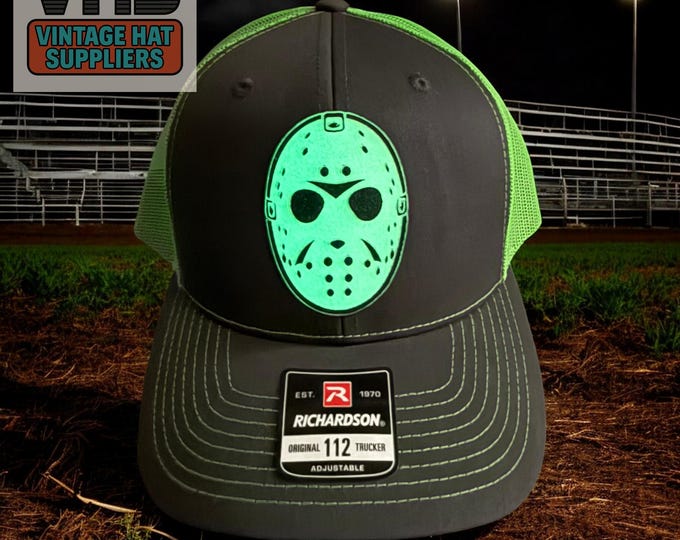 Glow In the Dark Hockey Mask Trucker Hat: Retro Halloween Horror Snapback Cap
