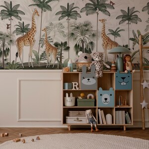 Giraffe Jungle Safari Peel and Stick Wallpaper, Removable Tropical Animal Kids Nursery Mural