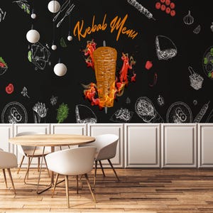 Mural de pared con menú de kebab, papel tapiz de restaurante de kebab Doner negro, decoración de pared con temática de comida tradicional o despegable, arte de pared extraíble para cafetería.