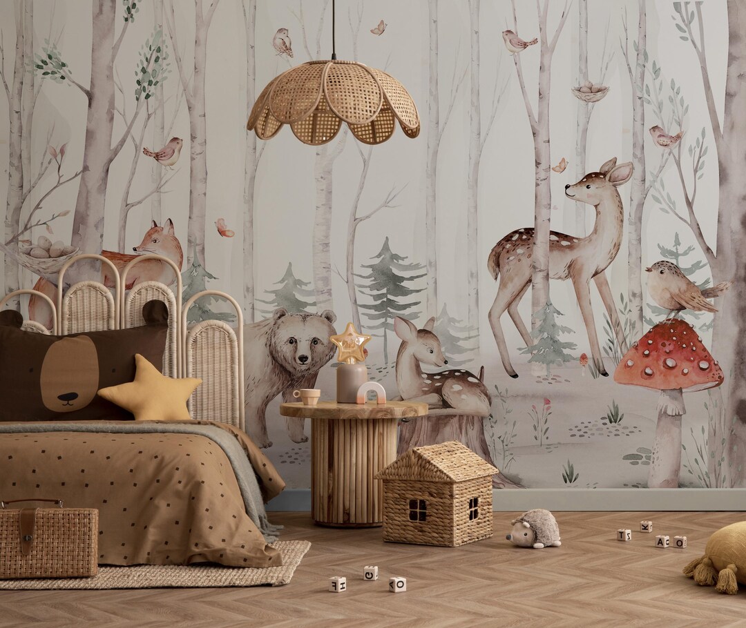 Woodland Animals Peel and Stick Kids Wallpaper, Forest Friends Mural - Etsy