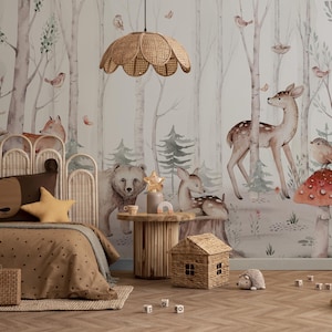 Woodland Animals Kids Wallpaper, Forest Friends Mural with Deer, Bear, Fox, Peel and Stick or Traditional Nursery Wall Decor, Wall Decal