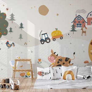 Farm Animals Kids Wallpaper, Tractor Nursery Wall Mural, Nursery Wallpaper Peel and Stick, Kids Wallpaper, Removable Wallpaper, Nursery Wall