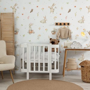 Bunny Nursery Peel and Stick Wallpaper, Watercolor Pastel Rabbit Wall Mural