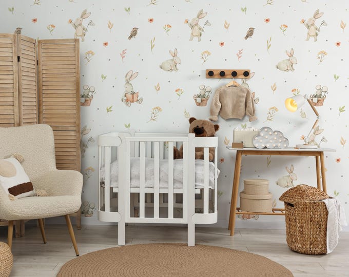 Pink Rabbits on White DEKORNIK Wallpaper, Nursery Wall Decor, Delicate ...