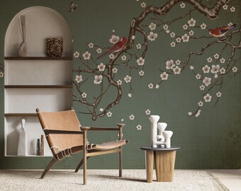 Papel de Parede Floral Chinoiserie Descascável, Mural de Parede Removível com Pássaros Orientais Verdes