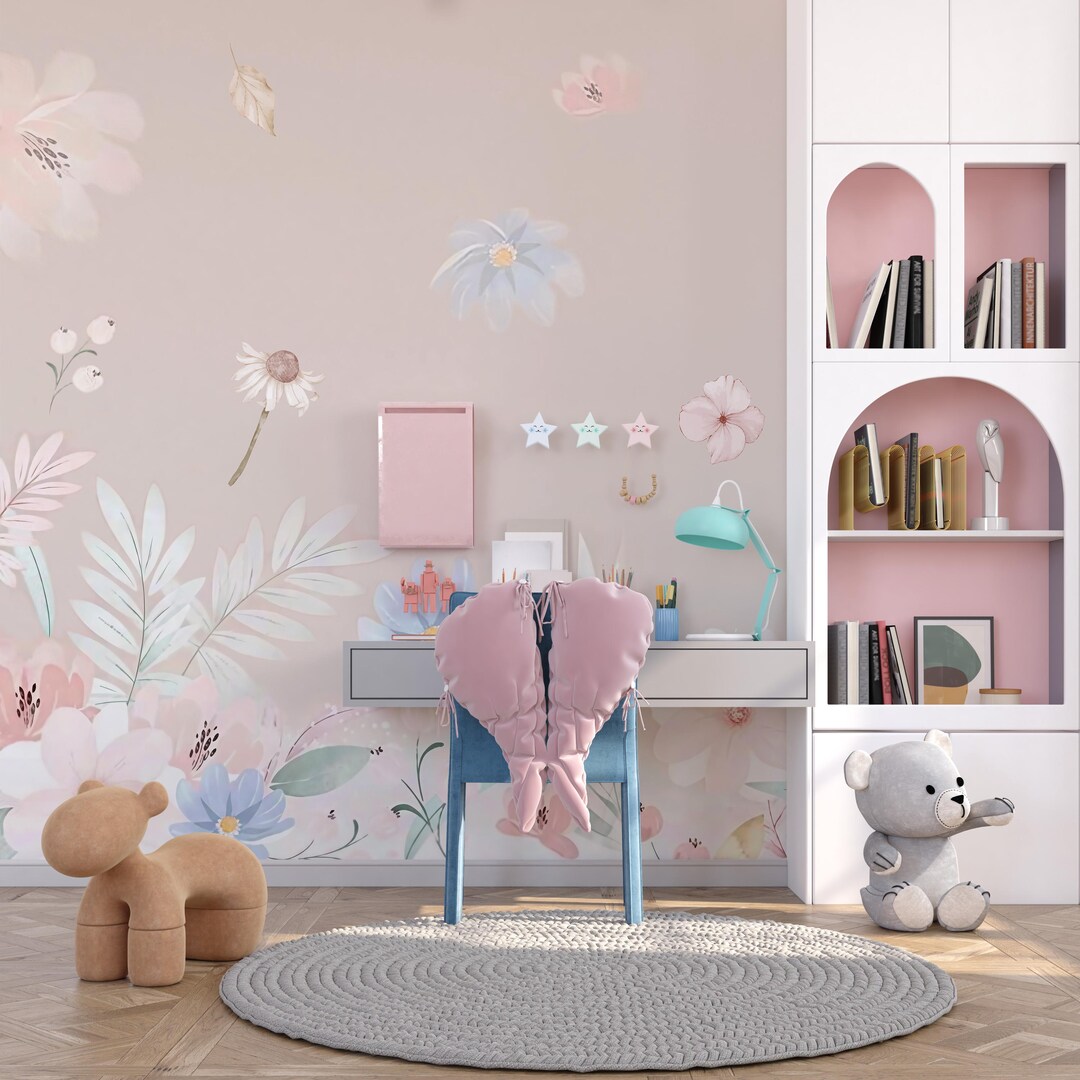 Pastel Floral Kids Wallpaper – Peel and Stick Nursery Wall Mural - Etsy