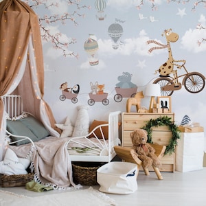 Cute Cartoon Animal Parade Wallpaper, Kids Room Mural with Giraffe, Fox, Hippo & Balloons, Peel and Stick Nursery Wallpaper, Kids Wallpaper