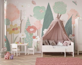 Pastel Floral Forest Wallpaper, Peel and Stick Kids Wall Mural, Removable Nursery Decor