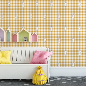 Carta da parati a quadretti Bunny Gingham per la cameretta dei bambini, decorazione murale rimovibile staccabile e attaccabile, murale a quadretti con coniglio su misura