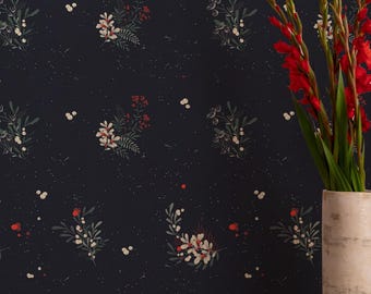 Dark Floral Peel and Stick Wallpaper, Black Vintage Botanical Wall Mural